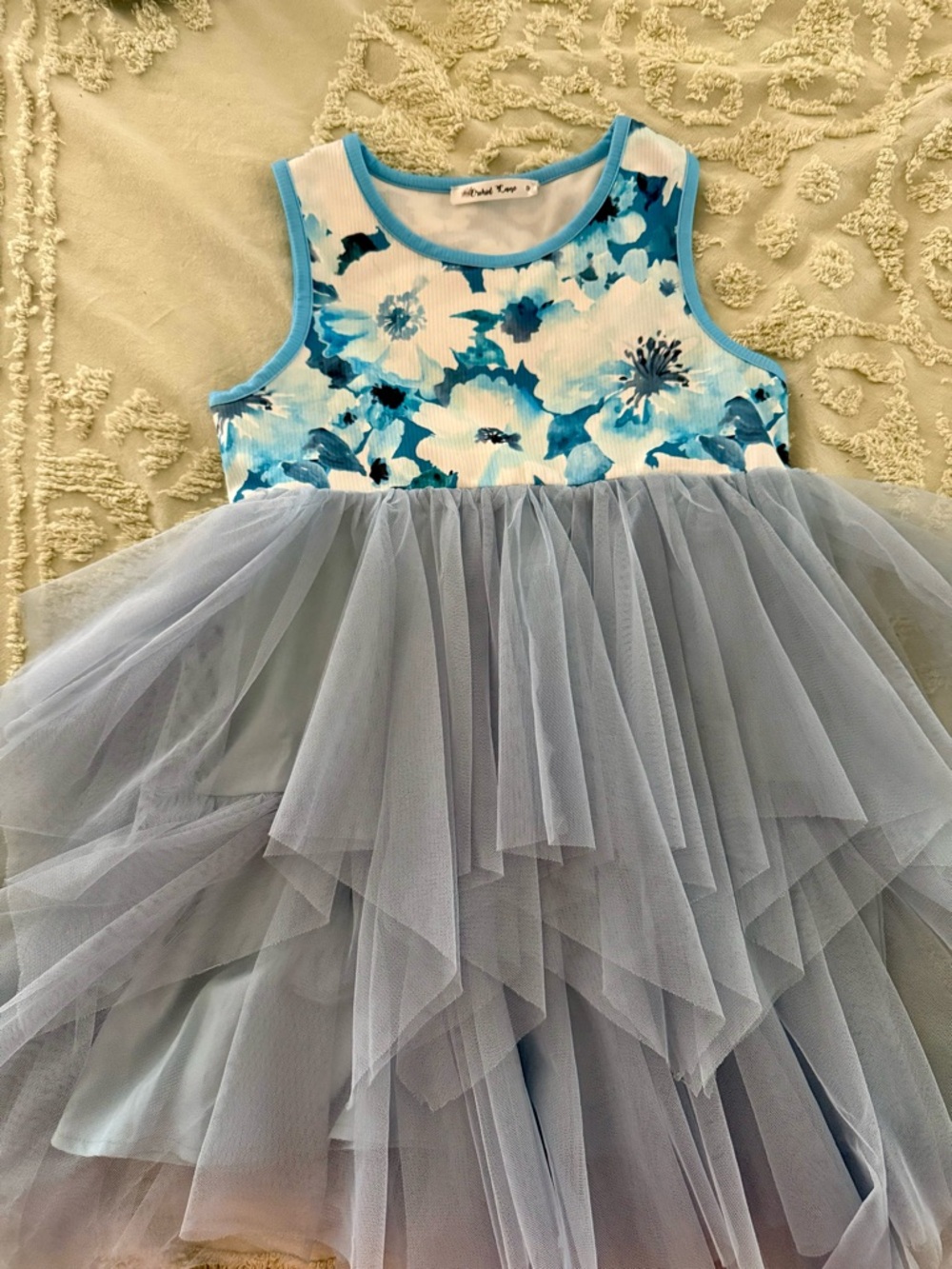 Girls (8) Bundle! Blue Floral Tulle Tank Dress and Scalloped Blue/White Top